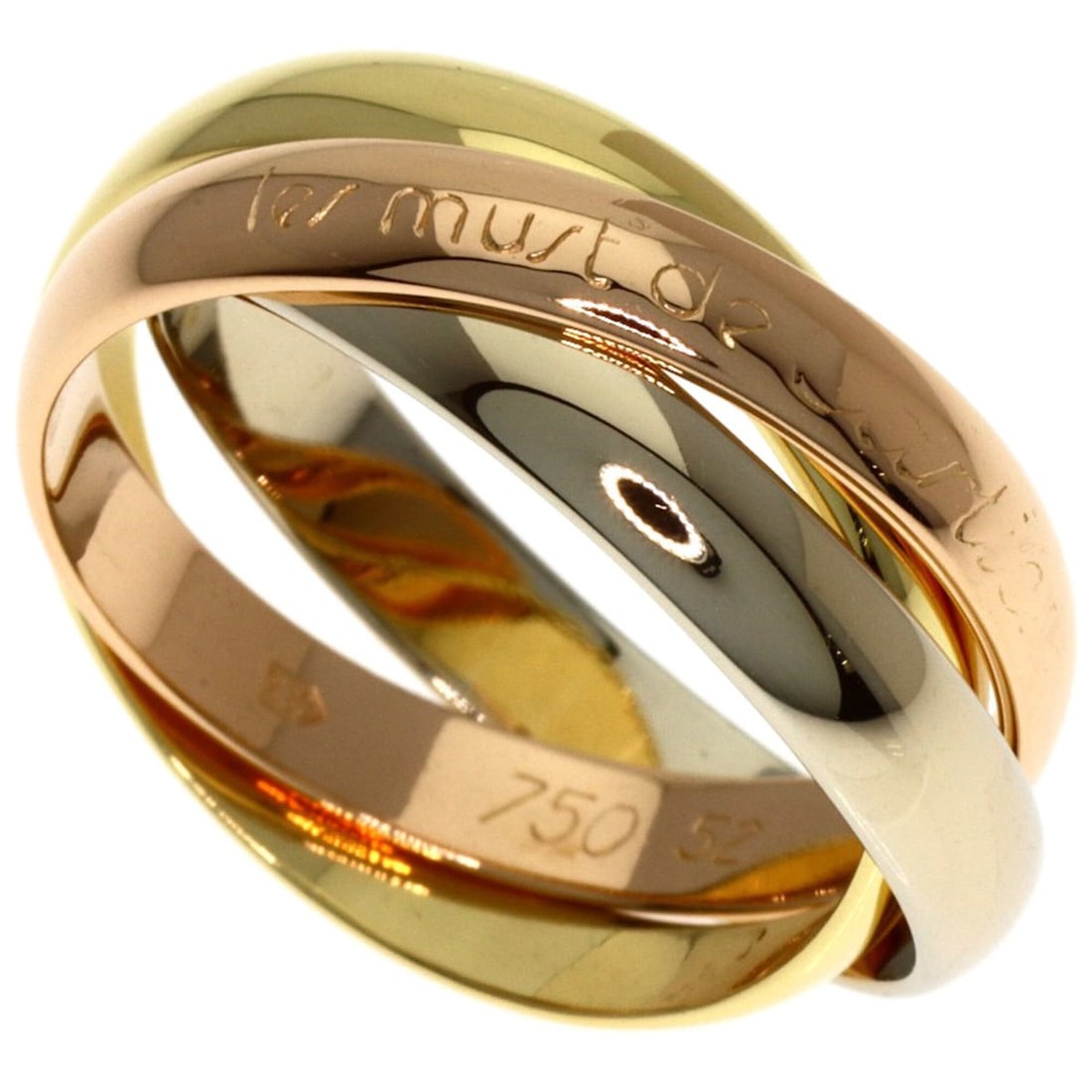 Cartier Trinity #52 Ring - 18K Yellow Gold/18K White Pink Gold Women's CARTIER: --- Catalog ---Category: SizeJP Size: 12US Size: 6.5Category: DesignType: Band ringGender: WomenMaterial: Pink gold (18K), White gold (18K), Yellow gold (18K)Category: GeneralBrand: Cartier--- Item Li