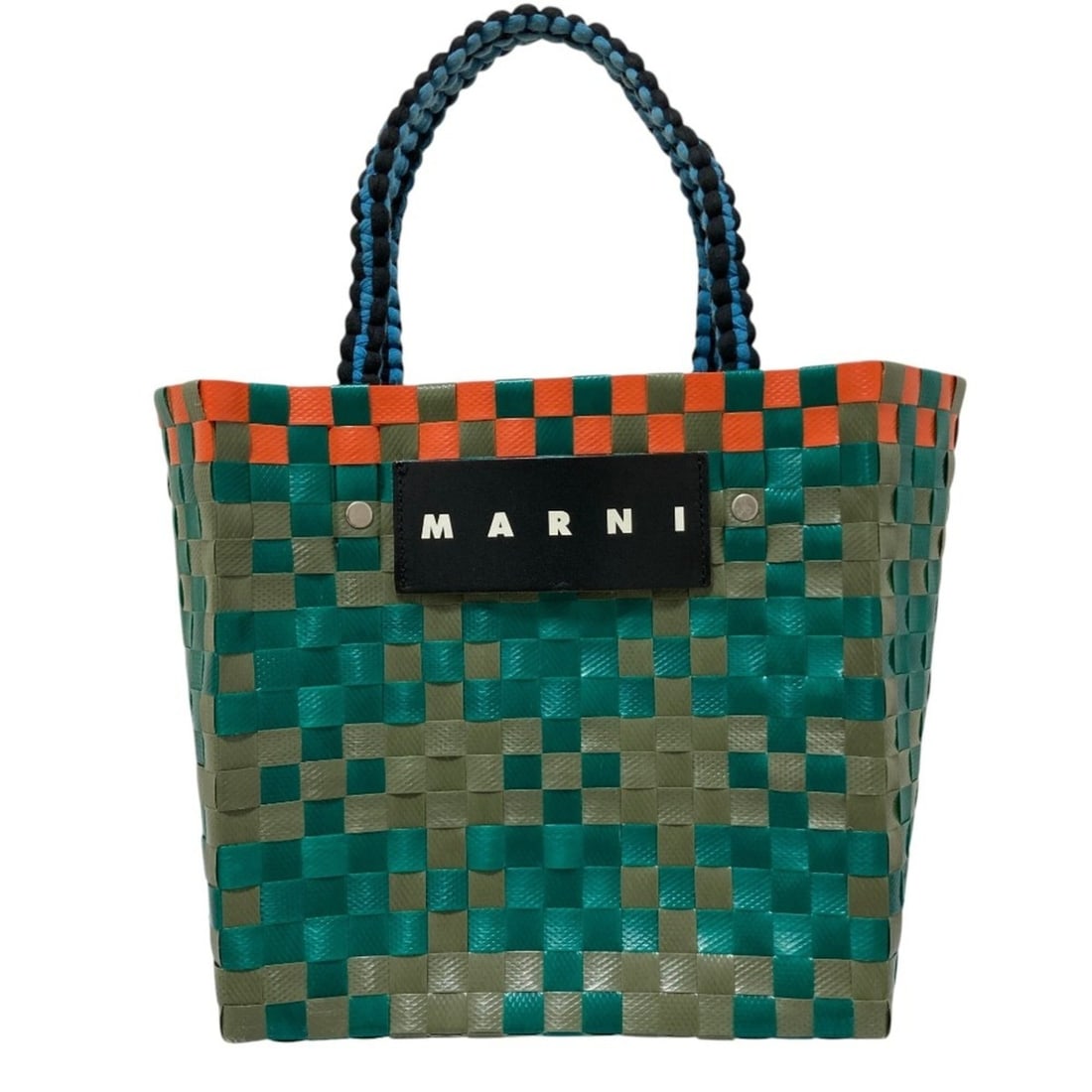 MARNI Jersey Handle Mini Basket Handbag, Green/Orange, Women's: --- Catalog ---Category: SizeSize (HxWxD): 21.5cm x 21.5cm x 14.5cm / 8.46'' x 8.46'' x 5.7''Category: DesignType: Basket, HandbagColor: Green, OrangeGender: WomenMaterial: Jersey Category: GeneralBra
