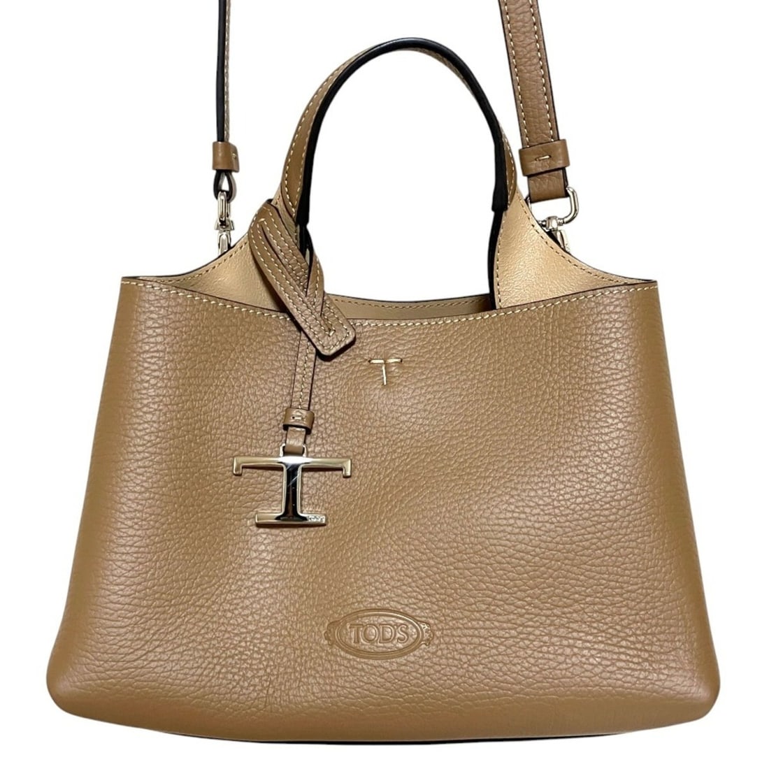 TOD'S T-Timeless Micro Leather 2-Way Handbag/Shoulder Bag, Brown/Beige, Women's: --- Catalog ---Category: SizeSize (HxWxD): 16cm x 23cm x 15cm / 6.29'' x 9.05'' x 5.9''Strap Length: 9cm / 3.54''Category: DesignType: Handbag, Shoulder bagColor: Beige, BrownGender: WomenMaterial: Le