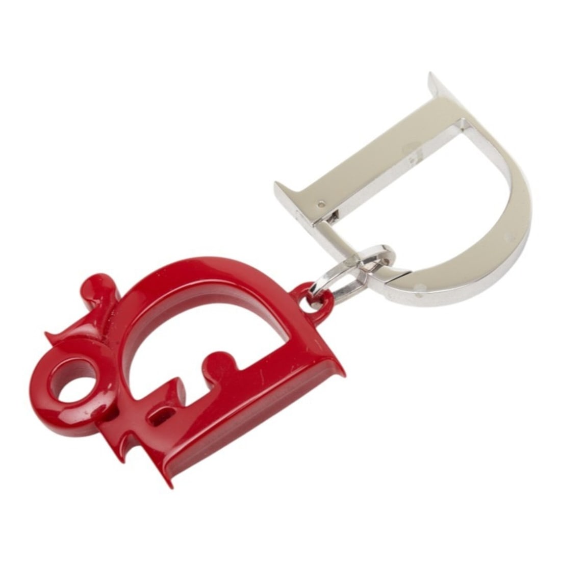 Christian Dior Dior D-logo charm keychain, red and silver metal/plastic, for women.: --- Catalog ---Category: SizeCharm Size: 4cm x 3.8cm / 1.57'' x 1.50''Category: DesignType: KeyringColor: Red color, SilverGender: WomenMaterial: Metal, PlasticCategory: GeneralBrand: Christian Dior--