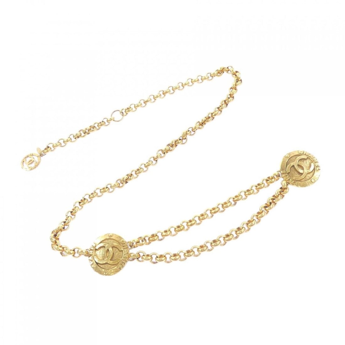 Chanel belt: --- Catalog ---Category: SizeLength: 93cm / 36.61''Category: DesignType: Chain beltColor: GoldGender: WomenCategory: GeneralBrand: Chanel--- Item List ---Section: ConditionRanking: Rank B Used -