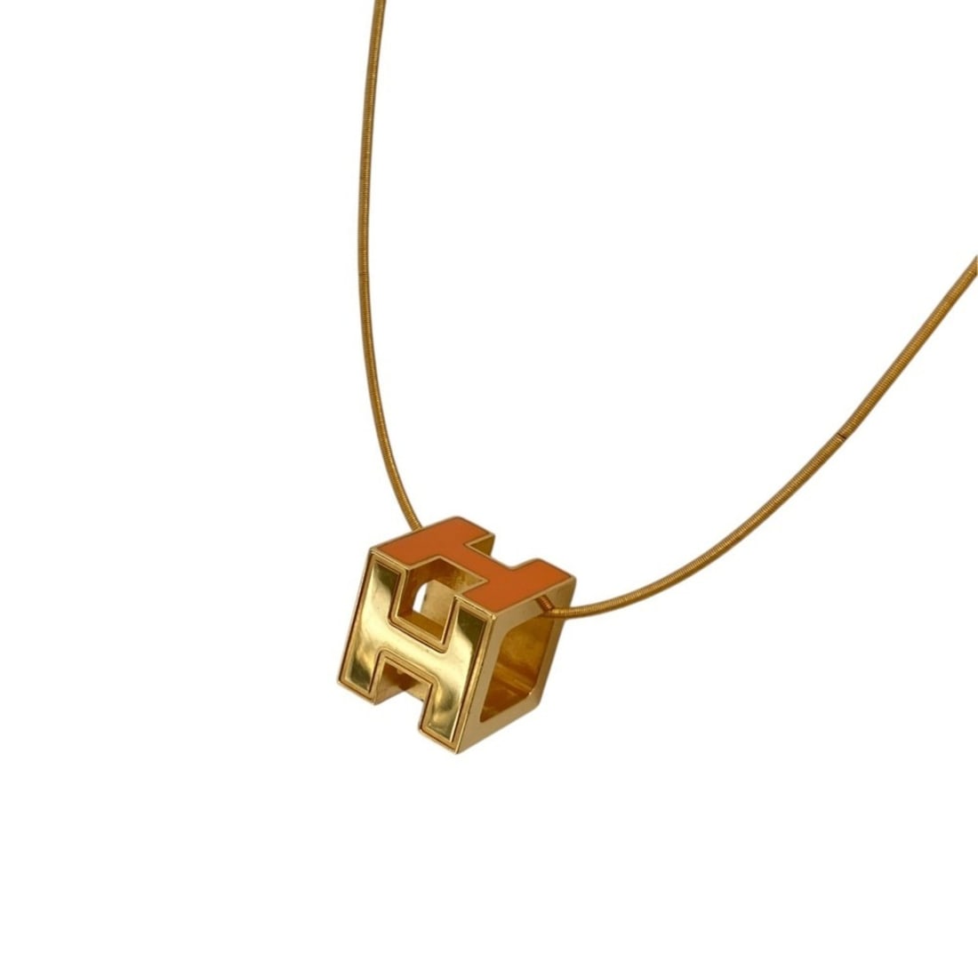 HERMES Cage d'H H-Cube Necklace, Orange, Women's: --- Catalog ---Category: SizeWeight: 7.4g / 0.26oz.Pendant Size: 10mm x 10mm / 0.39'' x 0.39''Neck Circumference: 44 cm / 17.32''Category: DesignColor: Gold, OrangeGender: WomenNecklace Type: