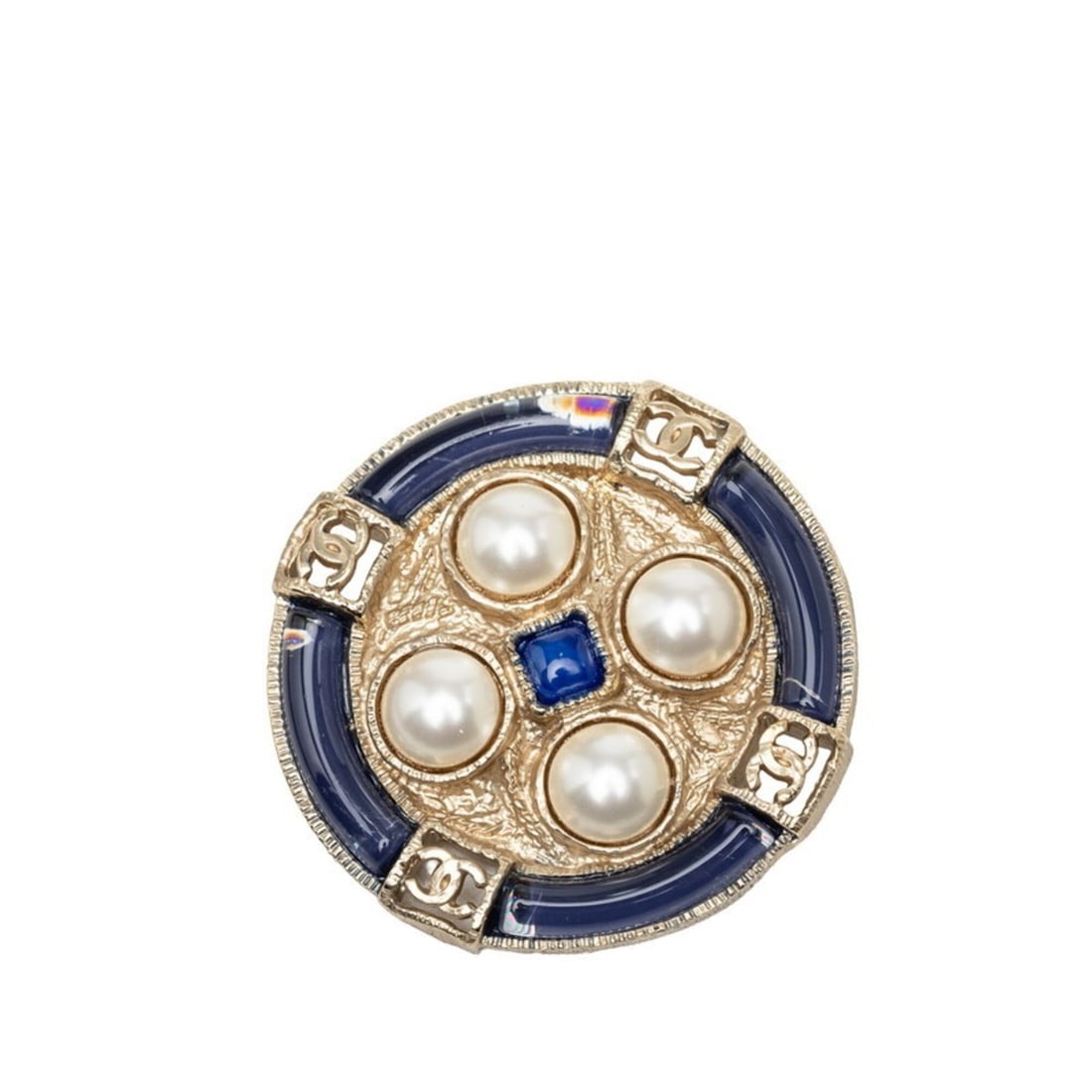 Chanel Cruise Line Coco Mark Round Brooch P19C Gold Blue Plated Faux Pearl Women's CHANEL: --- Catalog ---Category: SizeSize (HxWxD): 4.9cm x 4.9cm / 1.92'' x 1.92''Category: DesignType: BroochColor: Blue, GoldGender: WomenSeason: CruiseCategory: GeneralBrand: Chanel--- Item List ---Section