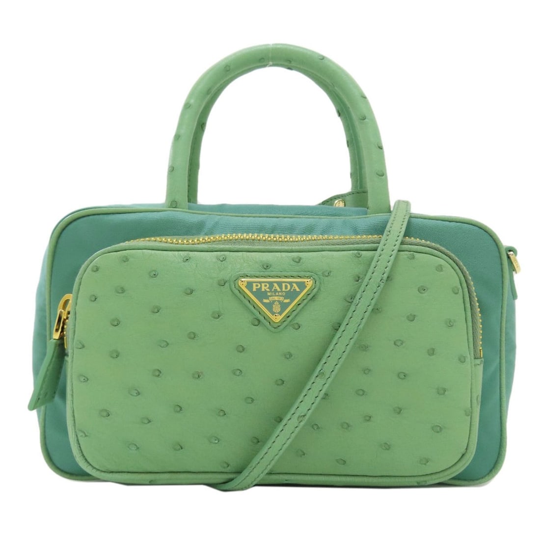 Prada RE-NYLON 2WAY Handbag Nylon/Ostrich Leather Women's PRADA: --- Catalog ---Category: SizeSize (HxWxD): 13cm x 22cm x 7.5cm / 5.11'' x 8.66'' x 2.95''Category: DesignType: HandbagColor: GreenGender: WomenMaterial: Nylon Category: GeneralBrand: Prada--- Item Lis