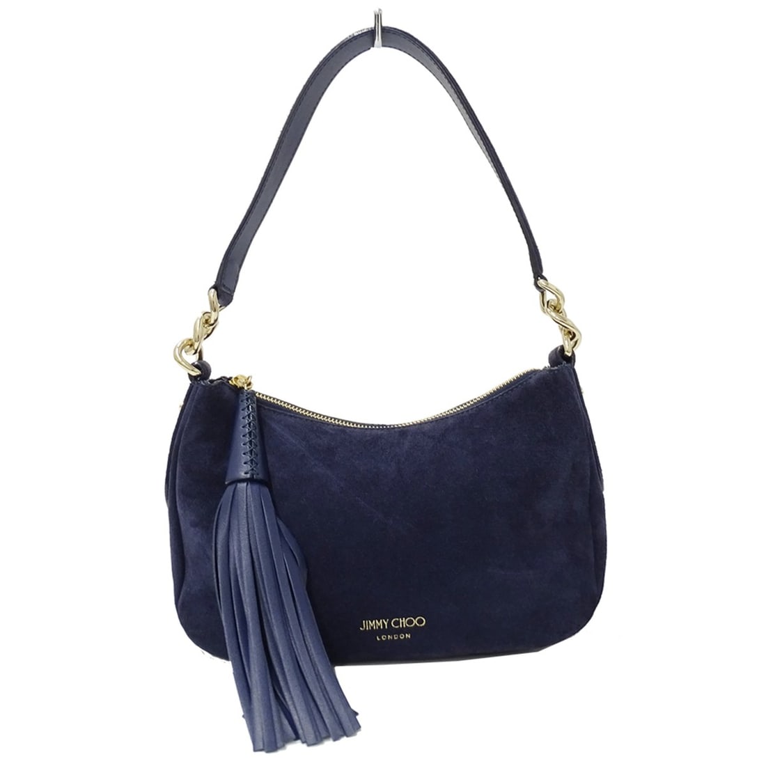 Jimmy Choo handbag for women, brand name, shoulder bag, one-shoulder, leather, navy blue, tassel,: --- Catalog ---Category: SizeSize (HxWxD): 15cm x 23cm x 4cm / 5.9'' x 9.05'' x 1.57''Category: DesignType: Handbag, Shoulder bagColor: NavyGender: WomenMaterial: Leather Category: GeneralBrand: Jimmy