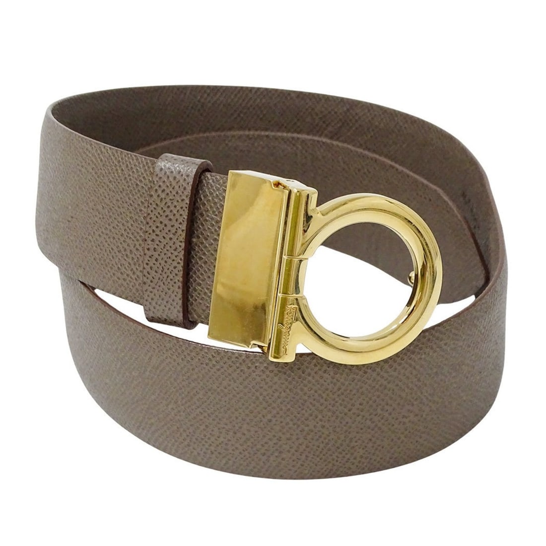 Salvatore Ferragamo Ferragamo men's leather belt with Gancini design, greige, size 70. (Apparel): --- Catalog ---Category: SizeLength: 87cm / 34.25''Category: DesignType: Standard beltGender: MenMaterial (Strap): Leather Category: GeneralBrand: Salvatore FerragamoCountry of Origin: Italy--- Item L