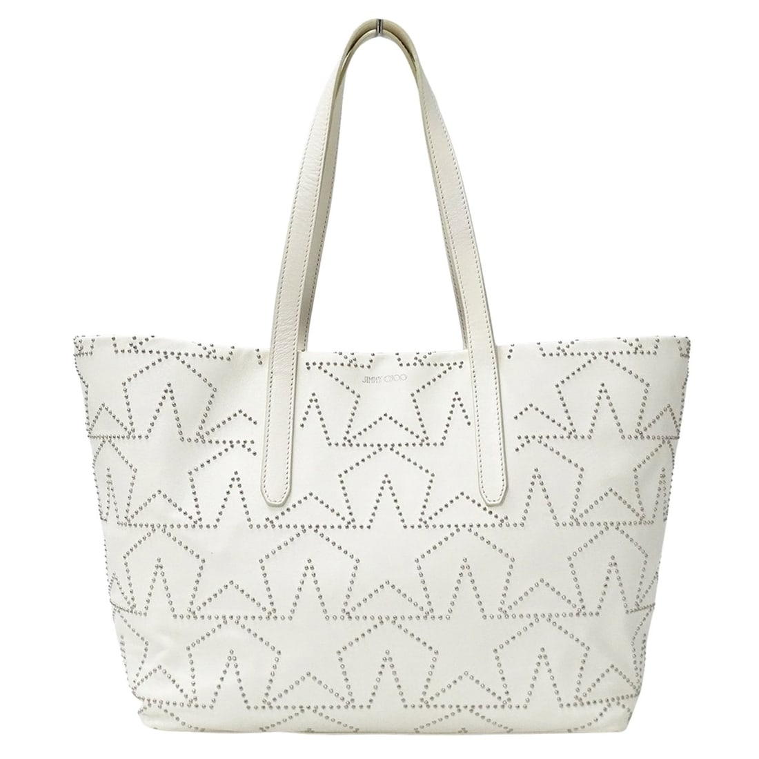 Jimmy Choo handbag for women, brand tote bag, leather, white, studs, star design.: --- Catalog ---Category: SizeSize (HxWxD): 26cm x 29cm x 13cm / 10.23'' x 11.41'' x 5.11''Category: DesignType: Handbag, Tote bagColor: WhiteGender: WomenMaterial: Leather Category: GeneralBrand: Jimm