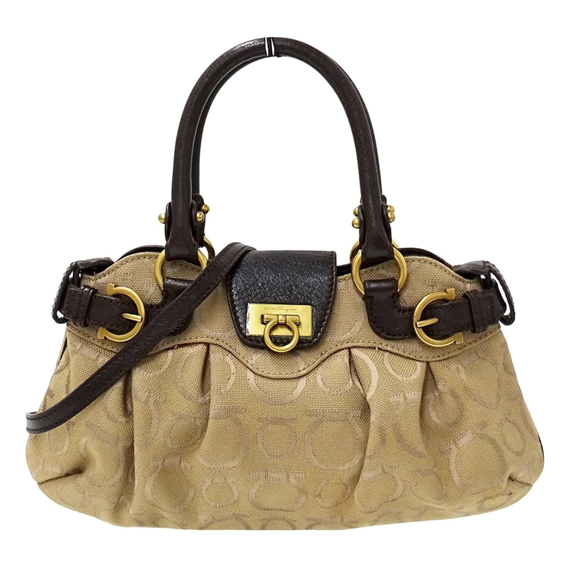 Salvatore Ferragamo Ferragamo handbag for women, brand name, handbag/shoulder bag, 2-way, Gancini: --- Catalog ---Category: SizeSize (HxWxD): 15cm x 27cm x 7cm / 5.9'' x 10.62'' x 2.75''Category: DesignType: Handbag, Shoulder bagColor: BeigeGender: WomenMaterial: Canvas Category: GeneralBrand: Salv