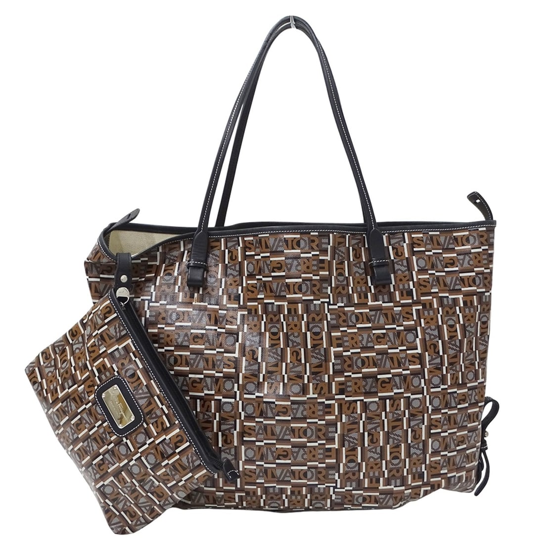 Salvatore Ferragamo Ferragamo women's handbag, tote bag, coated canvas, brown, with pouch. (1 of 17)