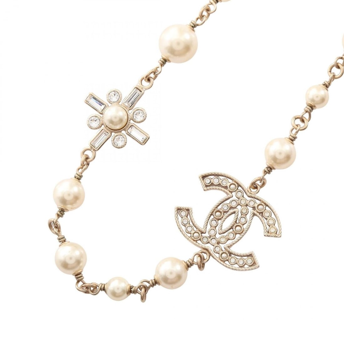 Chanel B20V Coco Mark Necklace Jewelry GP (Gold Plated) Faux Pearl Rhinestone Women's Gold Tone (1 of 10)