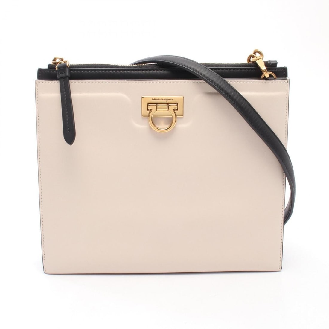 Salvatore Ferragamo Gancini Shoulder Bag/Handbag, Leather, Women's, Ivory/Black (1 of 18)