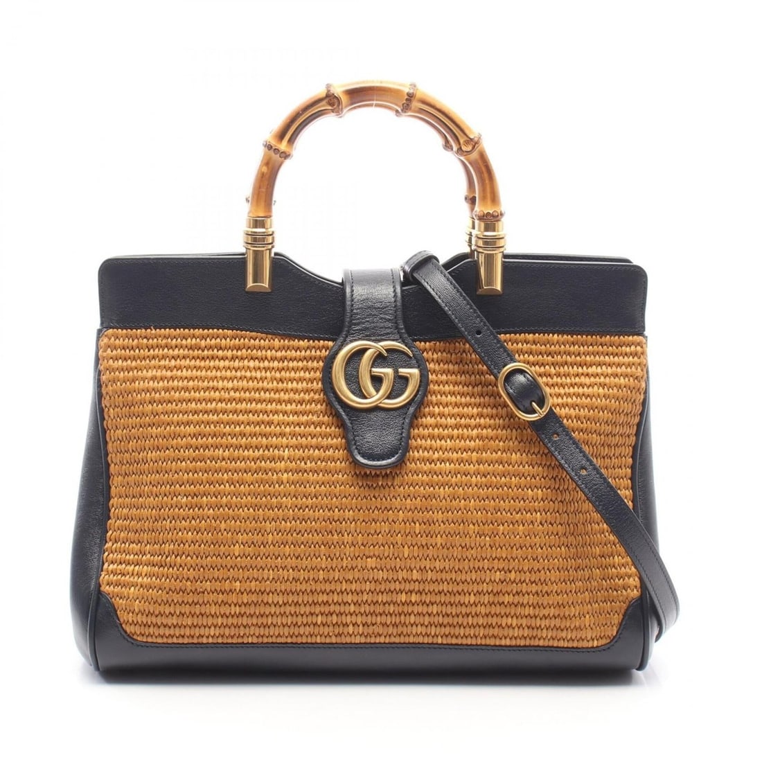 Gucci GG Marmont Bamboo 2-Way Handbag (Japan Limited Edition) - Leather & Straw Women's Brown Navy: --- Catalog ---Category: SizeSize (HxWxD): 24cm x 32cm x 12cm / 9.44'' x 12.59'' x 4.72''Category: DesignType: HandbagColor: Brown, NavyGender: WomenMaterial: Leather , Straw Category: GeneralMPN: 655