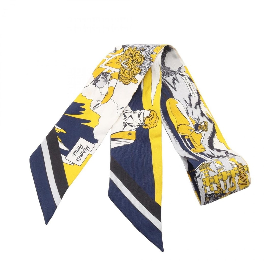 Hermes Twilly WOW Ribbon Scarf Muffler Silk Women's Navy Yellow: --- Catalog ---Category: SizeSize (LxW): 85cm x 5cm / 33.46'' x 1.96''Category: DesignType: ScarfColor: Navy, YellowGender: WomenMaterial: Silk Category: GeneralBrand: Hermes--- Item List ---Section: 