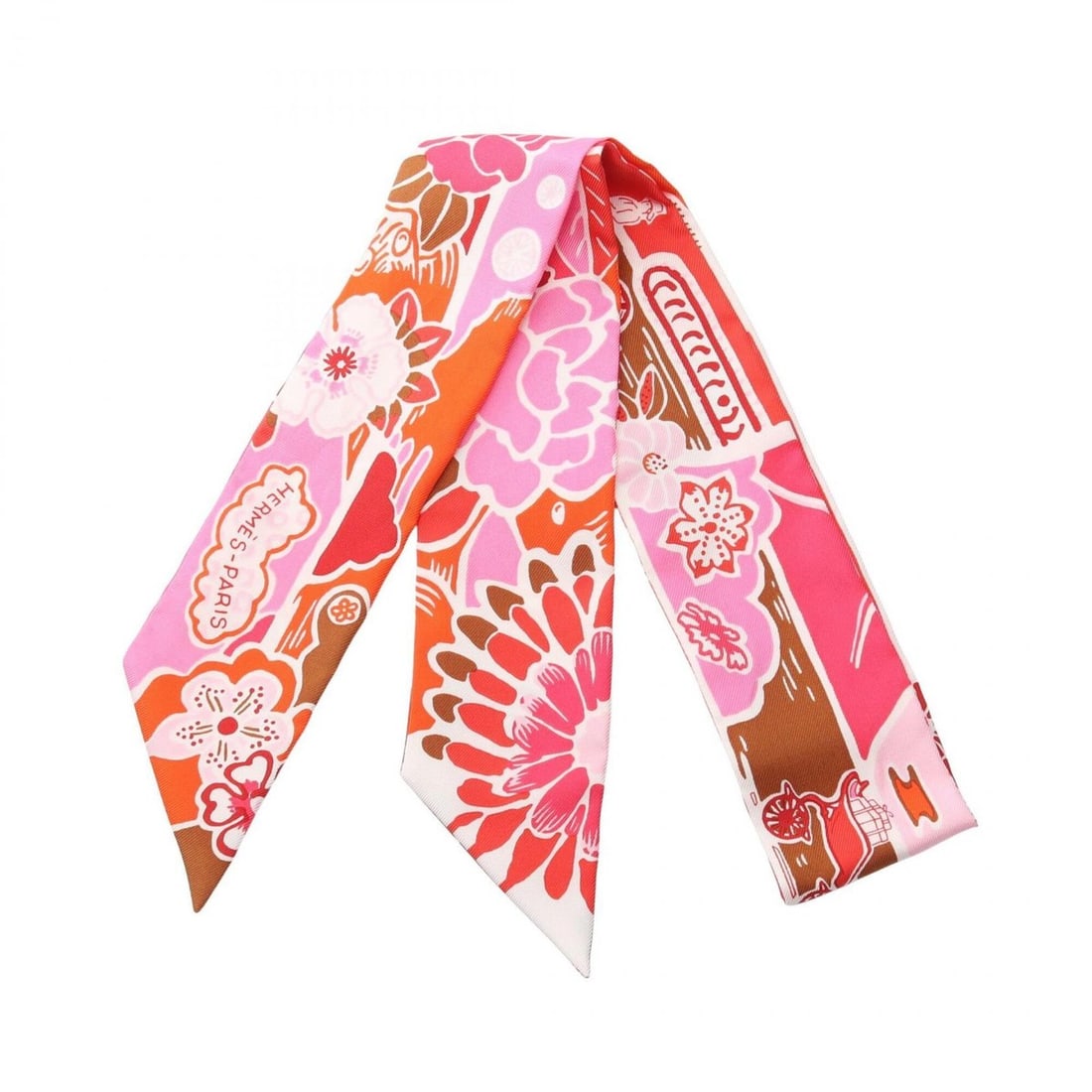 Hermes Twilly Bingata Scarf/Muffler, Silk, Women's, Pink/Orange/Multicolor: --- Catalog ---Category: SizeSize (LxW): 85cm x 5cm / 33.46'' x 1.96''Category: DesignType: ScarfColor: Multi-color, Orange, PinkGender: WomenMaterial: Silk Category: GeneralBrand: Hermes--- Item List