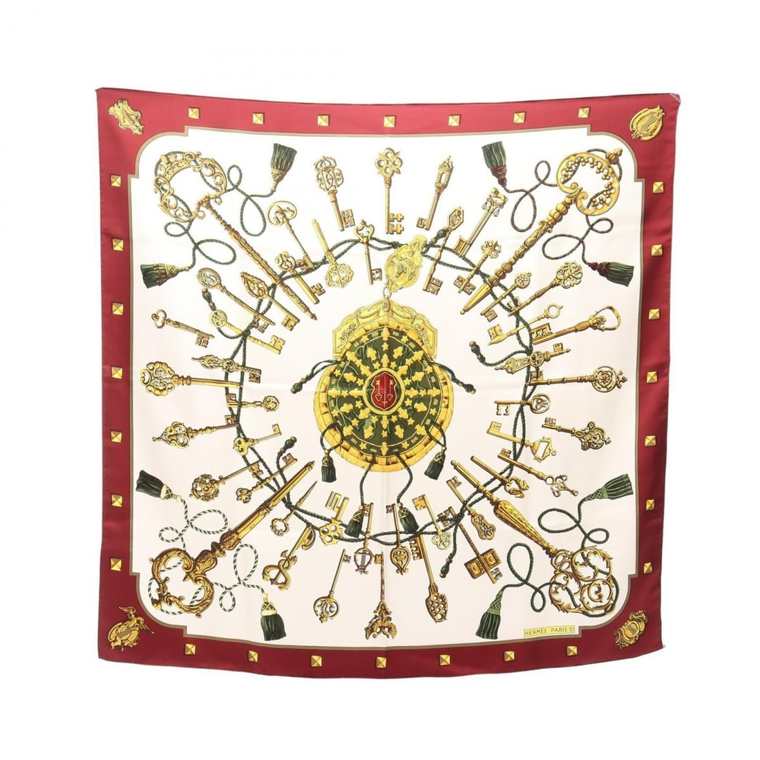 Hermes Carre 90 Les Cles Scarf/Muffler, Silk, Women's, White/Burgundy/Multicolor: --- Catalog ---Category: SizeSize (LxW): 89cm x 89cm / 35.03'' x 35.03''Category: DesignType: ScarfColor: Bordeaux, Multi-color, WhiteGender: WomenMaterial: Silk Category: GeneralBrand: Hermes--- Item