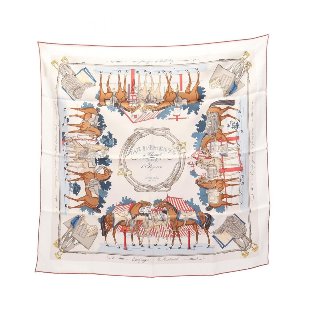 Hermes Carre 70 EQUIPEMENTS a Cheval SUR l'Elegance Scarf/Muffler, Silk, Women's, White/Multicolor: --- Catalog ---Category: SizeSize (LxW): 66cm x 66cm / 25.98'' x 25.98''Category: DesignType: ScarfColor: Multi-color, WhiteGender: WomenMaterial: Silk Category: GeneralBrand: Hermes--- Item List ---S