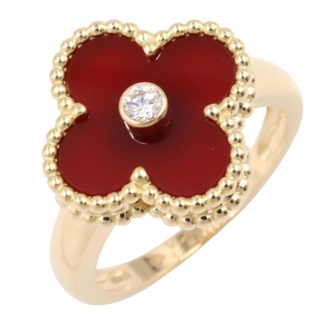 Van Cleef & Arpels Vintage Alhambra Carnelian 1P Diamond Ring - 18K (Yellow Gold) Women's Gold Tone,: --- Catalog ---Category: SizeJP Size: 11.5US Size: 6Category: DesignType: Band ringColor: Bordeaux, Clear, GoldGender: WomenMaterial: Yellow gold (18K)Category: GeneralMPN: VCARD40800Brand: Van Cleef 