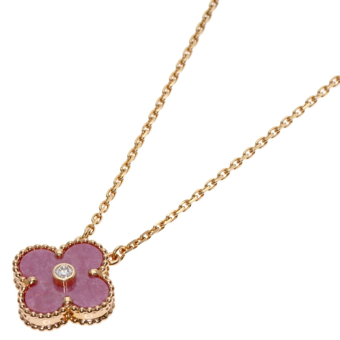 Van Cleef & Arpels Vintage Alhambra Rhodonite Diamond Necklace, 18K Pink Gold, Women's: --- Catalog ---Category: SizeWidth: 1mm / 0.04''Weight: 6.4g / 0.22oz.Pendant Size: 14.5mm x 14.5mm / 0.57'' x 0.57''Neck Circumference: 41 cm / 16.14''Category: DesignStone: Diamond, RhodoniteGender:
