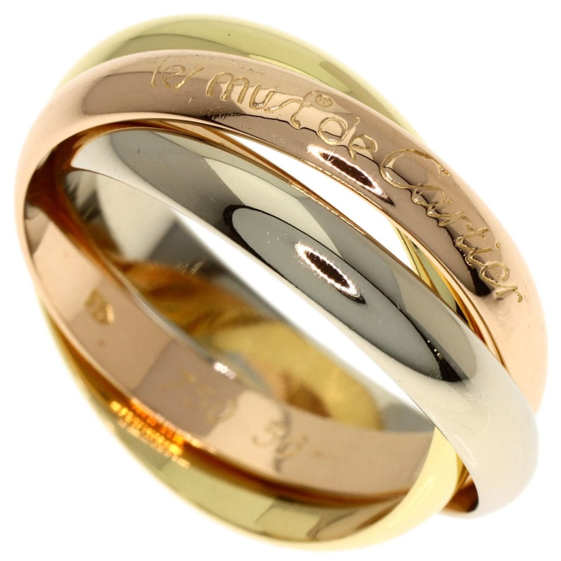 Cartier Trinity #56 Ring - 18K Yellow Gold/18K White Pink Gold Women's CARTIER: --- Catalog ---Category: SizeWidth: 3.4mm / 0.13''Weight: 9g / 0.31oz.JP Size: 16US Size: 8Category: DesignType: Band ringGender: WomenMaterial: Pink gold (18K), White gold (18K), Yellow gold (18K)Cat