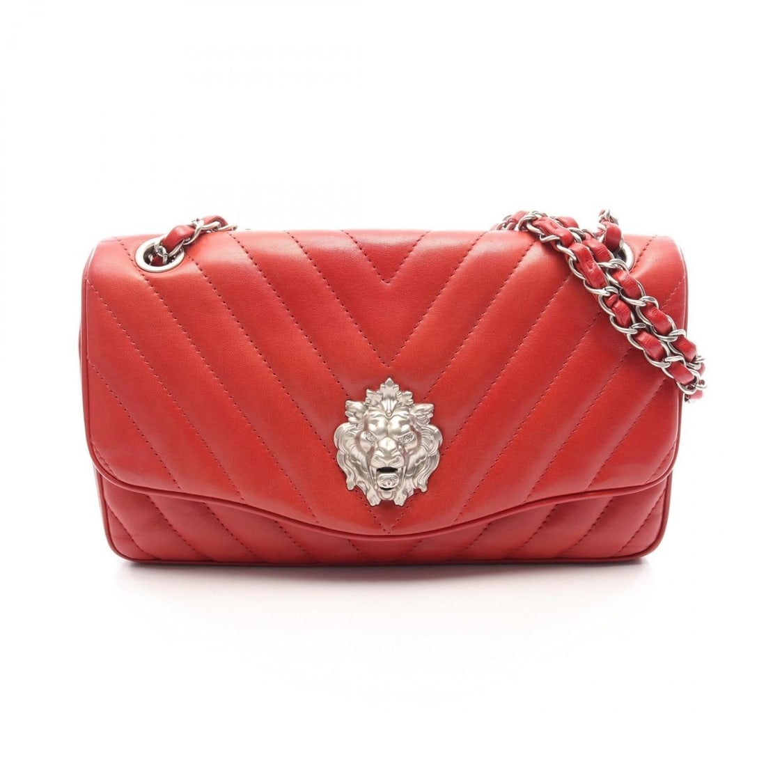 Chanel Chevron V-stitch Lion Shoulder Bag/Handbag, Lambskin Leather, Women's, Red: --- Catalog ---Category: SizeSize (HxWxD): 15cm x 25cm x 6cm / 5.9'' x 9.84'' x 2.36''Category: DesignType: Handbag, Shoulder bagColor: Red colorGender: WomenMaterial: Leather Hardware Color: SilverLe