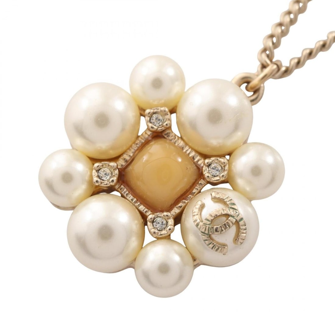 Chanel Coco Mark Flower Necklace, Gold Plated (GP), Faux Pearl, Rhinestone, Women's, Gold, White, (1 of 14)