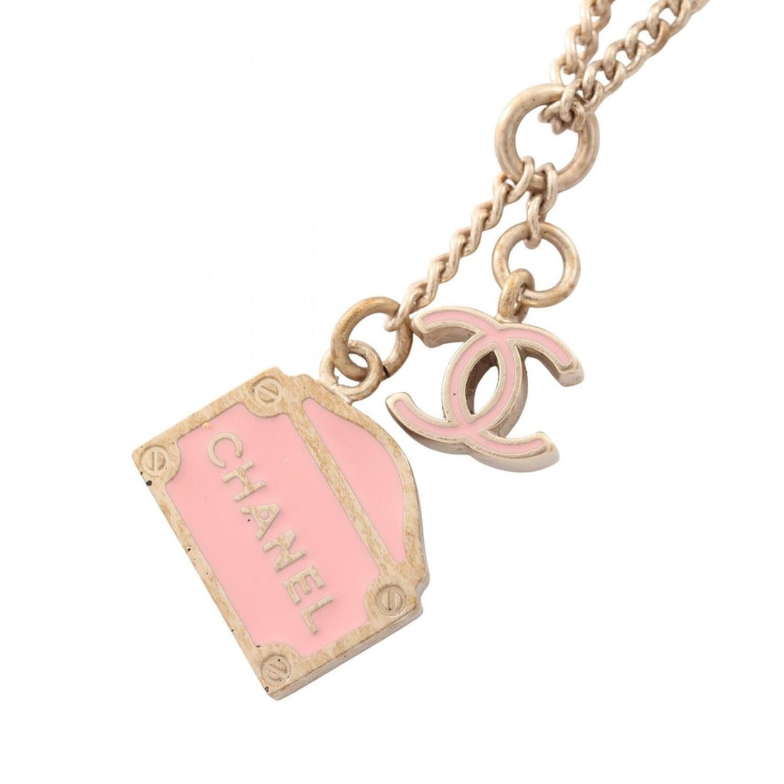 Chanel Coco Mark Necklace Jewelry GP (Gold Plated) Women's Gold Tone Pink: --- Catalog ---Category: SizePendant Size: 10mm x 13mm / 0.39'' x 0.51''Neck Circumference: 42 cm / 16.53''Category: DesignColor: Gold, PinkGender: WomenMaterial: Gold platingNecklace Type: NecklaceCa