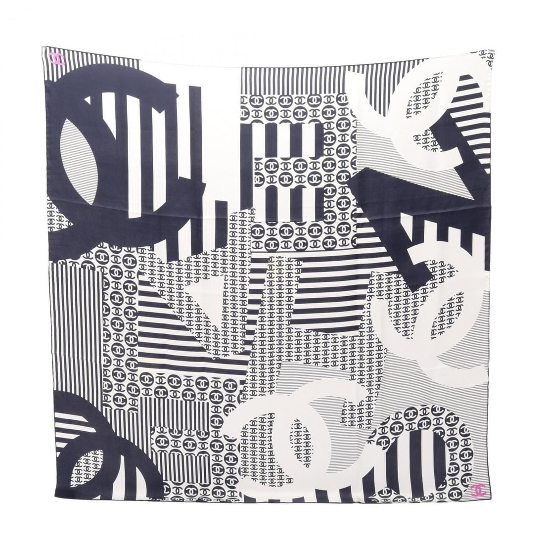 Chanel Coco Mark Striped Scarf/Muffler, Silk, Women's, Navy/White: --- Catalog ---Category: SizeSize (LxW): 89cm x 89cm / 35.03'' x 35.03''Category: DesignType: ScarfColor: Navy, WhiteGender: WomenMaterial: Silk Category: GeneralBrand: Chanel--- Item List ---Section: