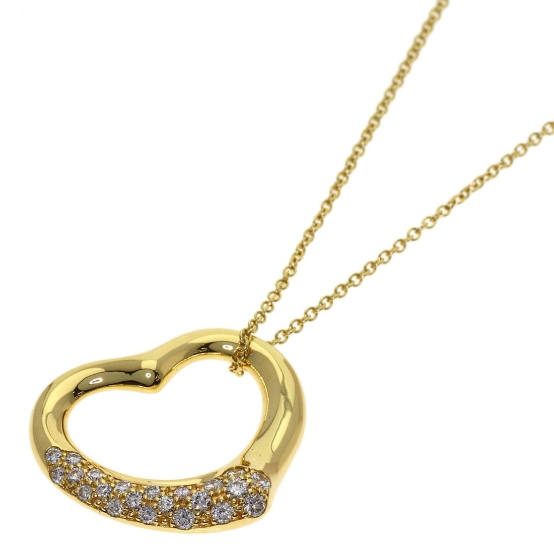 Tiffany & Co. Open Heart Half Pave Diamond Necklace, 18K Yellow Gold, Women's.: --- Catalog ---Category: SizeWidth: 1.1mm / 0.04''Weight: 8.1g / 0.28oz.Pendant Size: 19.4mm x 22.2mm / 0.76'' x 0.87''Neck Circumference: 40 cm / 15.74''Category: DesignStone: DiamondGender: WomenMat