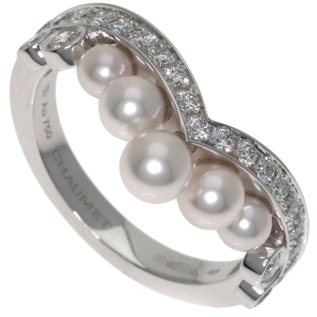 Chaumet Josephine Aigrette Pearl Diamond Ring, Size 48, 18K White Gold, Women's.: --- Catalog ---Category: SizeWidth: 2.4mm / 0.09''Weight: 4.2g / 0.14oz.JP Size: 8US Size: 4.5Stone Diameter: 4.00mm / 0.16''Category: DesignType: Band ringStone: Diamond, PearlGender: WomenMaterial: 