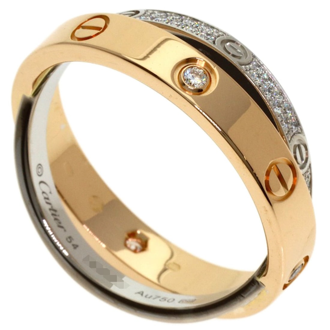 Cartier B-Love Full Pave Diamond Ring #54, 18K Pink Gold/18K White Gold, Women's.: --- Catalog ---Category: SizeWeight: 6.9g / 0.24oz.JP Size: 14US Size: 7Category: DesignType: Band ringStone: DiamondGender: WomenMaterial: Pink gold (18K), White gold (18K)Category: GeneralBrand: Car