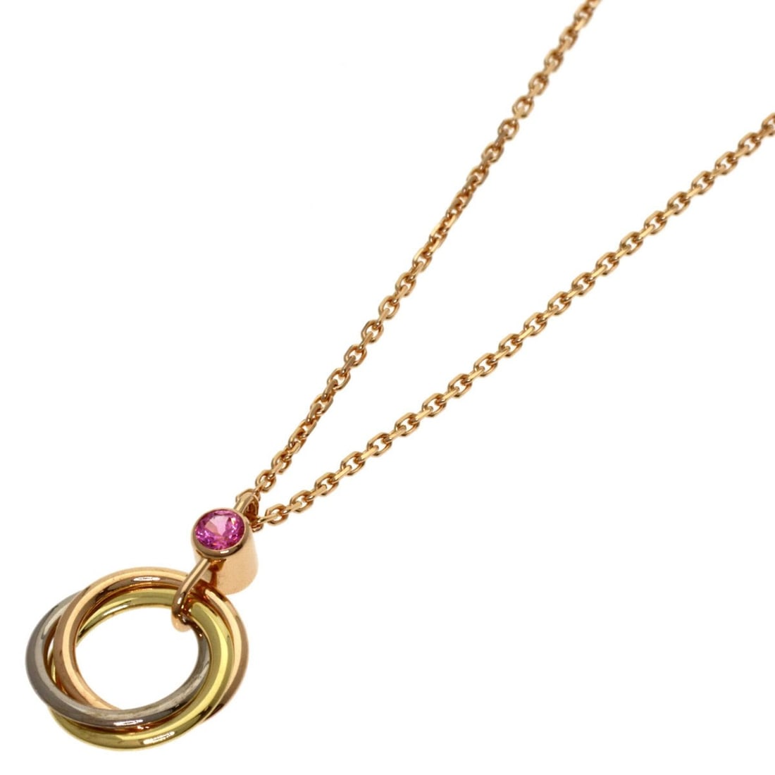 Cartier Baby Trinity Pink Sapphire Necklace 18K Yellow Gold/18K White Gold Women's CARTIER: --- Catalog ---Category: SizeWidth: 1mm / 0.04''Weight: 3g / 0.1oz.Pendant Size: 14mm x 10.2mm / 0.55'' x 0.4''Neck Circumference: 43.5 cm / 17.12''Category: DesignStone: SapphireGender: WomenMaterial