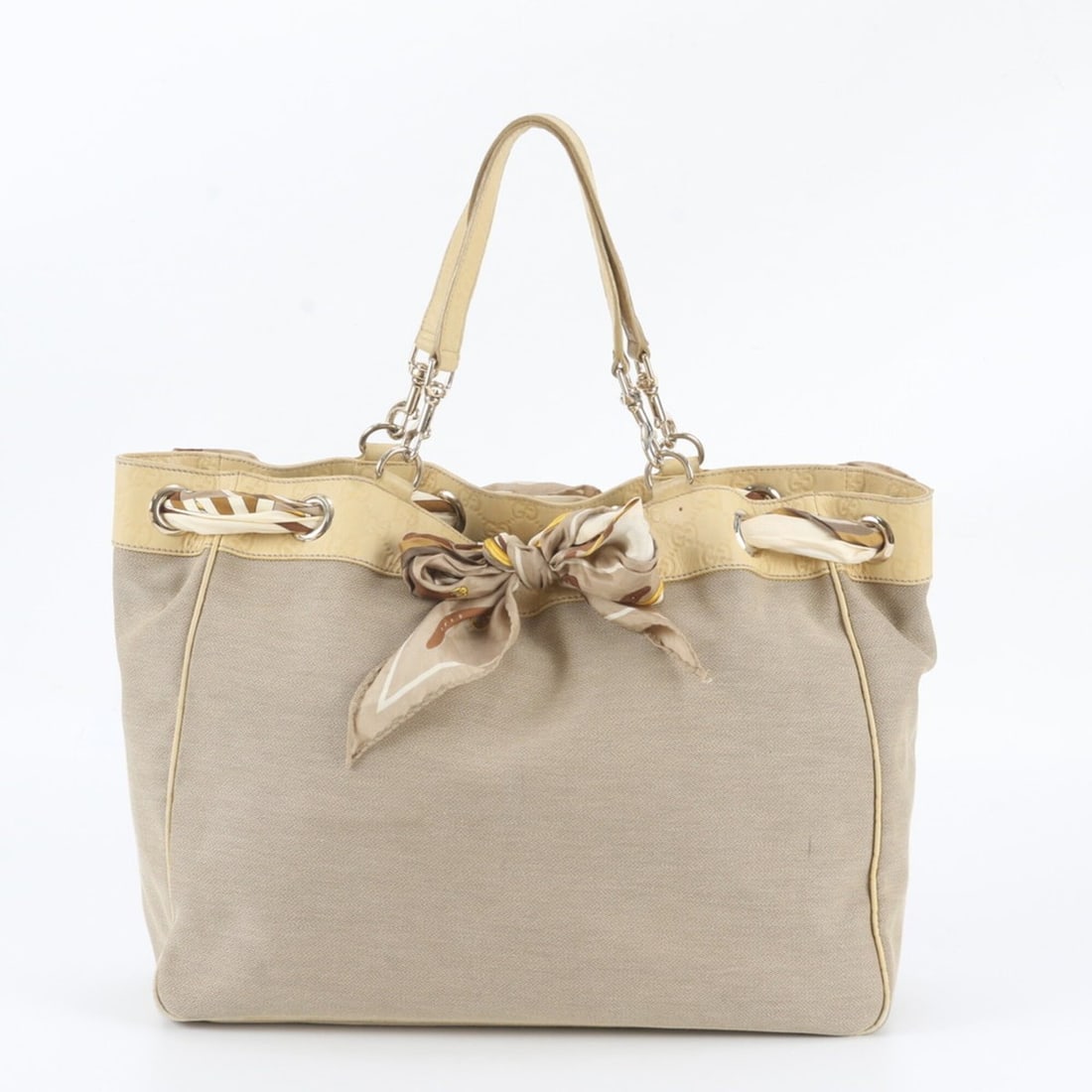 Gucci Guccissima Positano Scarf 285586 Leather Tote Bag Shoulder for Women: --- Catalog ---Category: SizeSize (HxWxD): 30cm x 40cm x 14cm / 11.81'' x 15.74'' x 5.51''Category: DesignType: Shoulder bag, Tote bagColor: Beige, YellowGender: WomenMaterial: Leather , Canvas Catego