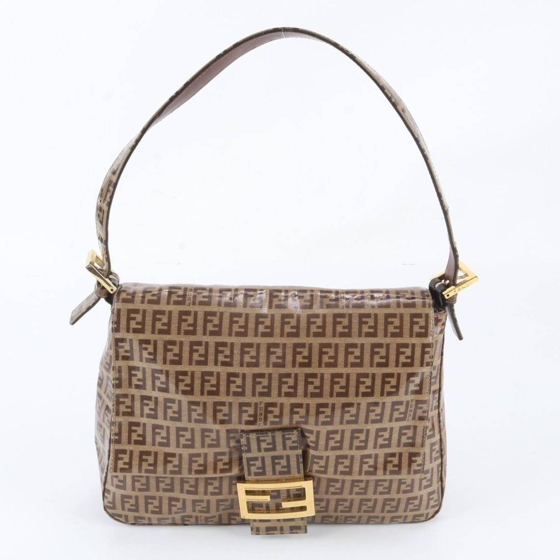 Fendi Zucchino Mamma Bucket Baguette Leather Shoulder Bag with FF Hardware for Women: --- Catalog ---Category: SizeSize (HxWxD): 21cm x 29cm x 11cm / 8.26'' x 11.41'' x 4.33''Category: DesignType: Shoulder bagColor: BrownGender: WomenMaterial: Leather , Coated canvas Category: GeneralM