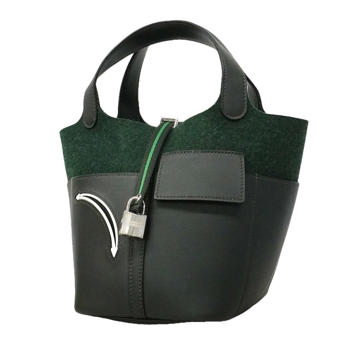 Hermes Picotin Lock PM Go Team handbag, felt Swift leather, Vert Foncé, W stamp, women's.: --- Catalog ---Category: SizeSize (HxWxD): 20cm x 15cm x 20cm / 7.87'' x 5.9'' x 7.87''Category: DesignType: HandbagColor: Vert fonceGender: WomenMaterial: Felt , Swift leather Hardware Color: SilverC