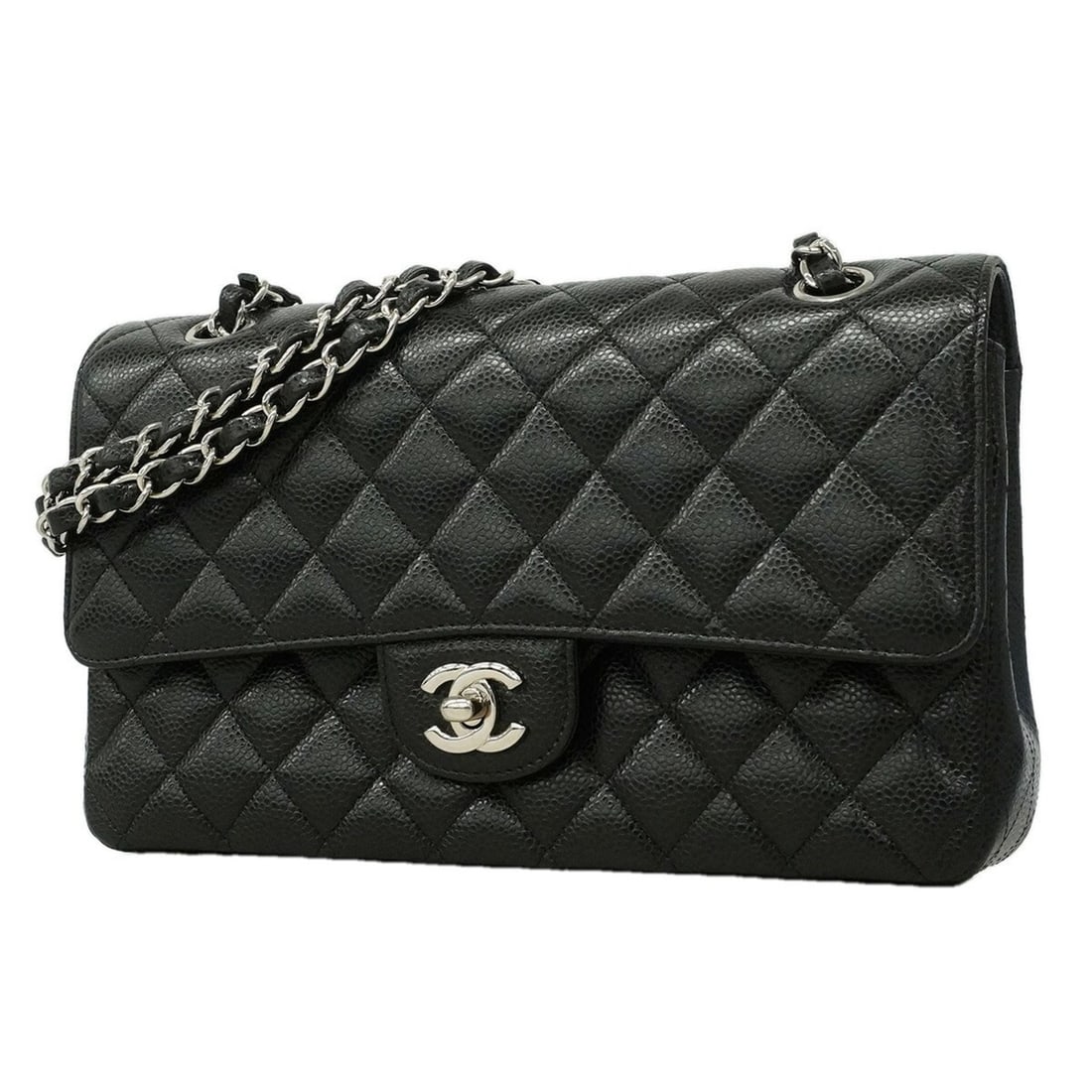 Chanel Matelassé Shoulder Bag, Double Flap, Chain, Caviar Leather, Black, Women's: --- Catalog ---Category: SizeSize (HxWxD): 15cm x 25cm x 6.5cm / 5.9'' x 9.84'' x 2.55''Category: DesignType: Shoulder bagColor: BlackGender: WomenMaterial: Grained Calfskin Hardware Color: SilverCate