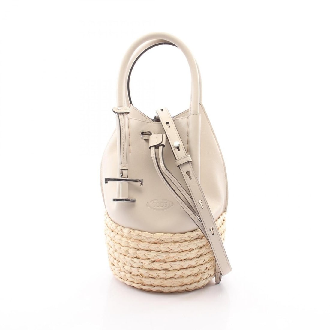 Tod's T-Timeless Bucket Bag, 2-Way Handbag, Leather/Straw, Women's, Gray/Ivory: --- Catalog ---Category: SizeSize (HxWxD): 24.5cm x 14cm x 14cm / 9.64'' x 5.51'' x 5.51''Category: DesignType: HandbagColor: Gray, IvoryGender: WomenMaterial: Leather , Straw Category: GeneralBrand: 