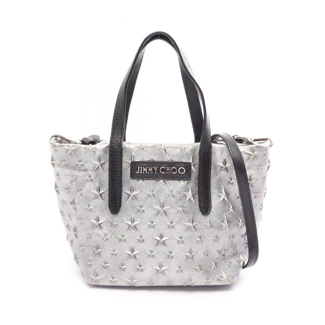Jimmy Choo MINISARA Star Studded 2-Way Handbag, Leather, Women's, Silver/Black: --- Catalog ---Category: SizeSize (HxWxD): 16cm x 17cm x 11cm / 6.29'' x 6.69'' x 4.33''Category: DesignType: HandbagColor: Black, SilverGender: WomenMaterial: Leather Category: GeneralBrand: Jimmy Ch