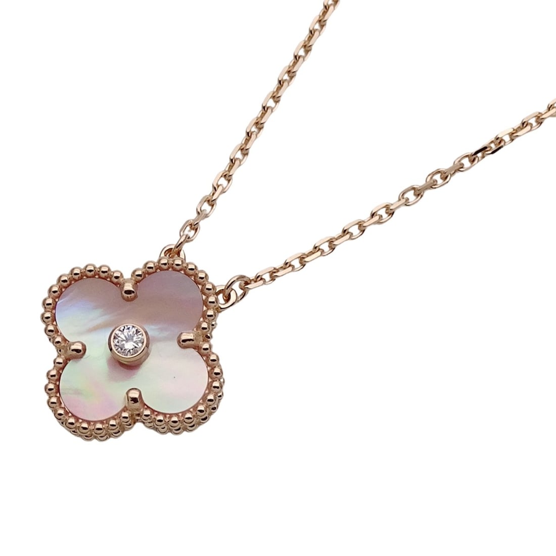 Van Cleef & Arpels Alhambra Necklace for Women, 750PG (Pink Gold), Diamond, Pink Mother-of-Pearl,: --- Catalog ---Category: SizePendant Size: 14.8mm x 14.8mm / 0.58'' x 0.58''Neck Circumference: 41.5 cm / 16.33''Category: DesignColor: Pink goldGender: WomenMaterial: Pink goldNecklace Type: Necklace