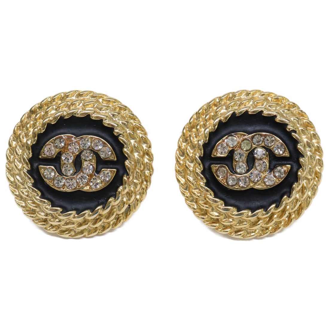 CHANEL Chanel Excellent Condition Coco Mark Rhinestone Earrings Gold x Black Women's (1 of 7)