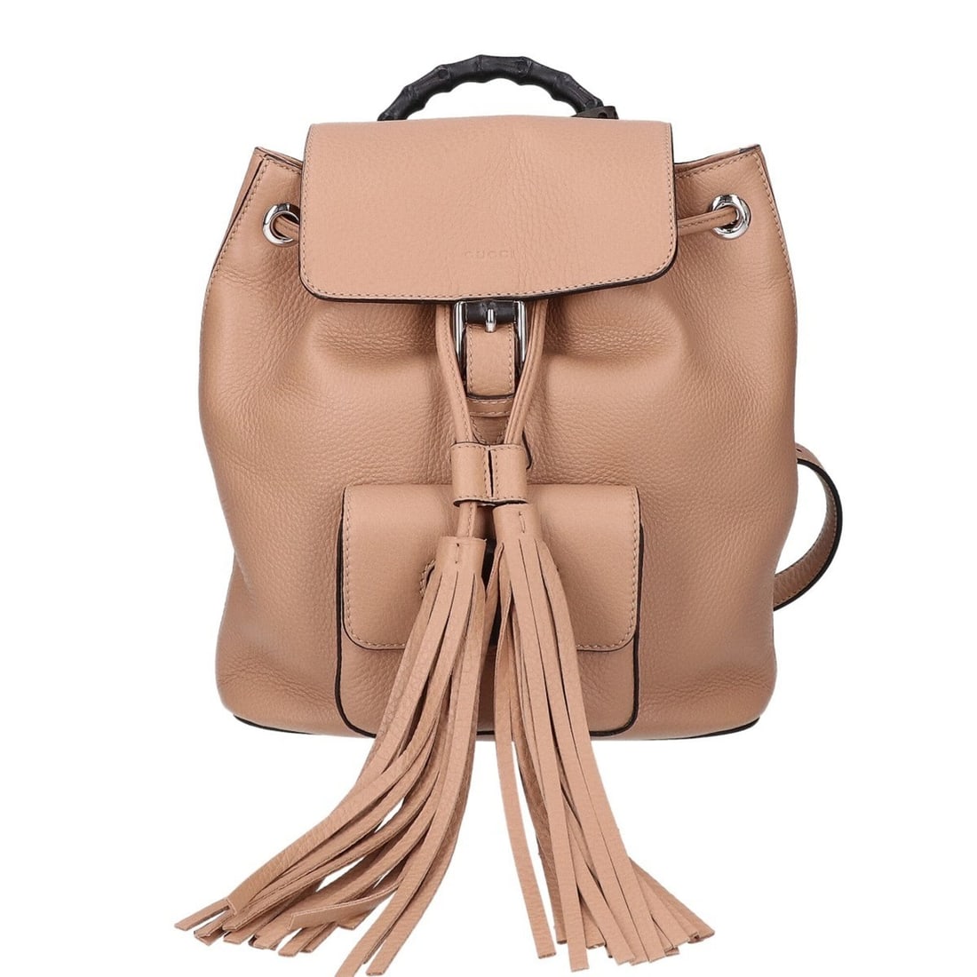GUCCI 387149 Bamboo Calfskin Embossed Logo Fringe Charm Backpack, Beige, Silver Hardware, Women's: --- Catalog ---Category: SizeSize (HxWxD): 27cm x 24cm x 9.5cm / 10.62'' x 9.44'' x 3.74''Category: DesignType: BackpackColor: BeigeGender: WomenMaterial: Leather Hardware Color: SilverLeather/Fur Typ