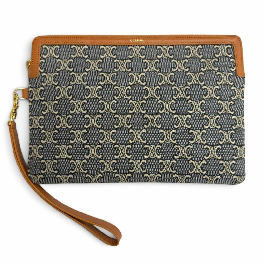 CELINE 10J502GX5.07PM Cuile Triomphe Small Pouch with Strap, Canvas and Leather, Navy, Ecru, Tan,: --- Catalog ---Category: SizeSize (HxWxD): 17.5cm x 25cm / 6.88'' x 9.84''Category: DesignType: Clutch bag, PouchColor: NavyGender: WomenMaterial: Canvas , Leather Category: GeneralBrand: CelineCountr