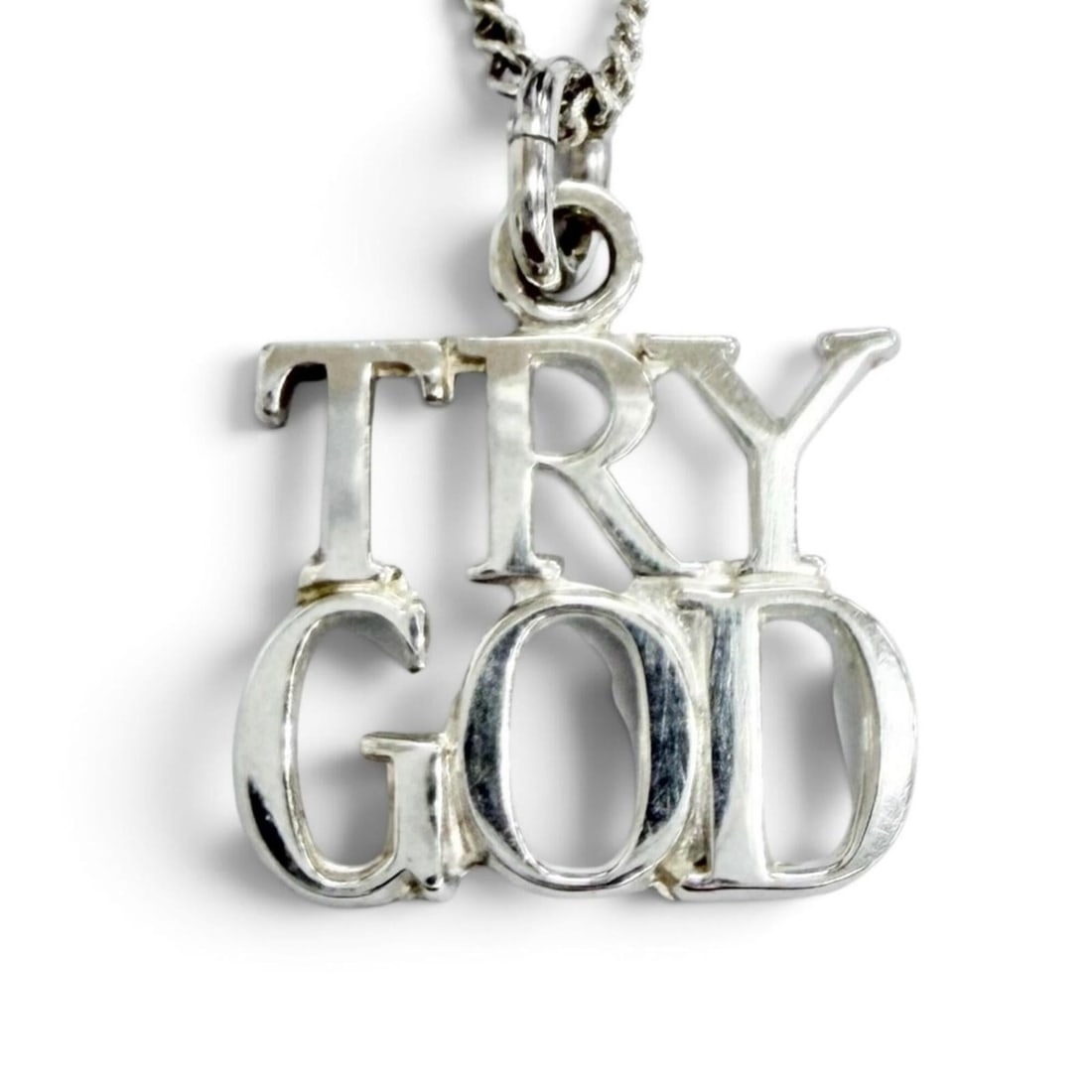 TIFFANY&Co. Tiffany Vintage TRY GOD Pendant Sterling Silver Necklace Accessory, Weight 3.49g,: --- Catalog ---Category: SizePendant Size: 15mm x 14mm / 0.59'' x 0.55''Neck Circumference: 50 cm / 19.68''Category: DesignColor: SilverGender: WomenMaterial: Sterling silverNecklace Type: NecklaceCat