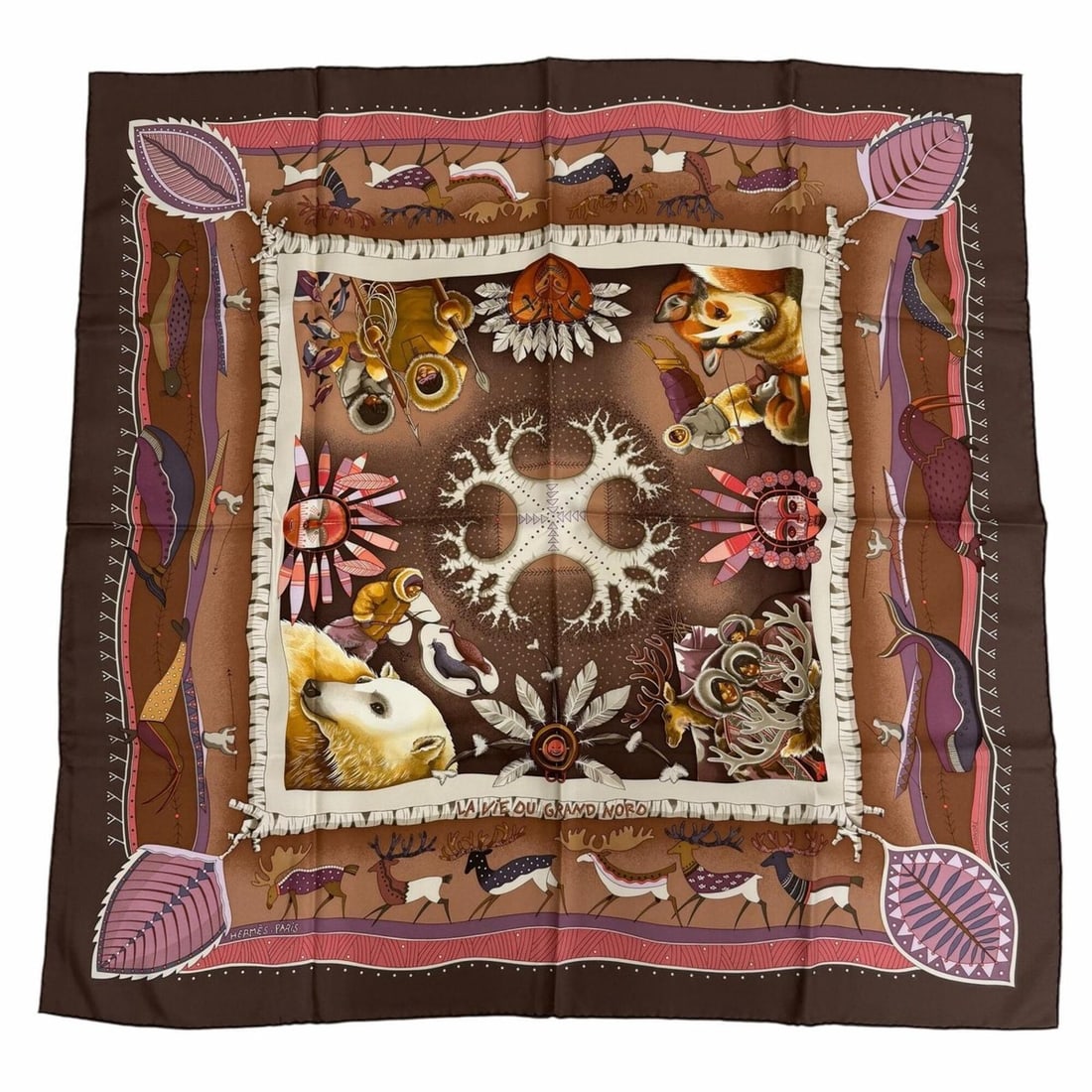 HERMES Carre 90 LA VIE DU GRAND NORD (Life in the Arctic) 100% Silk Scarf/Muffler, Brown/Multicolor,: --- Catalog ---Category: SizeSize (LxW): 86.5cm x 89cm / 34.05'' x 35.03''Category: DesignType: ScarfColor: Brown, Multi-colorGender: WomenMaterial: Silk Category: GeneralBrand: HermesCountry of Origi