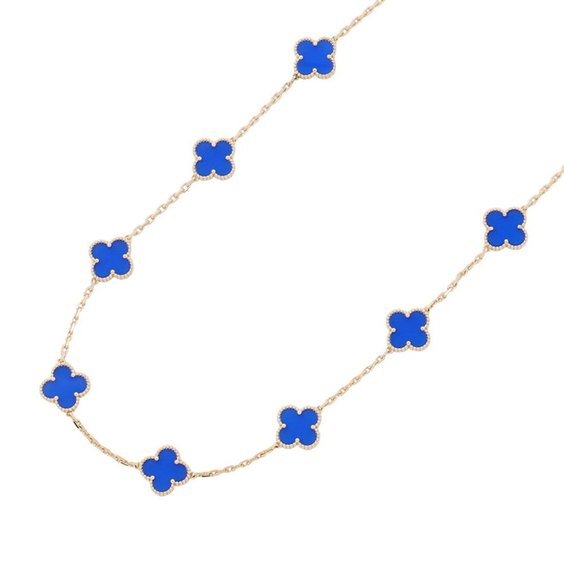 Van Cleef & Arpels Alhambra Necklace, 10 Motifs, Blue Agate, 18K Yellow Gold (VCARP34800): --- Catalog ---Category: SizePendant Size: 14.9mm x 14.9mm / 0.58'' x 0.58''Neck Circumference: 42 cm / 16.53''Category: DesignGender: WomenMaterial: Yellow gold (18K)Necklace Type: NecklaceCategory: 