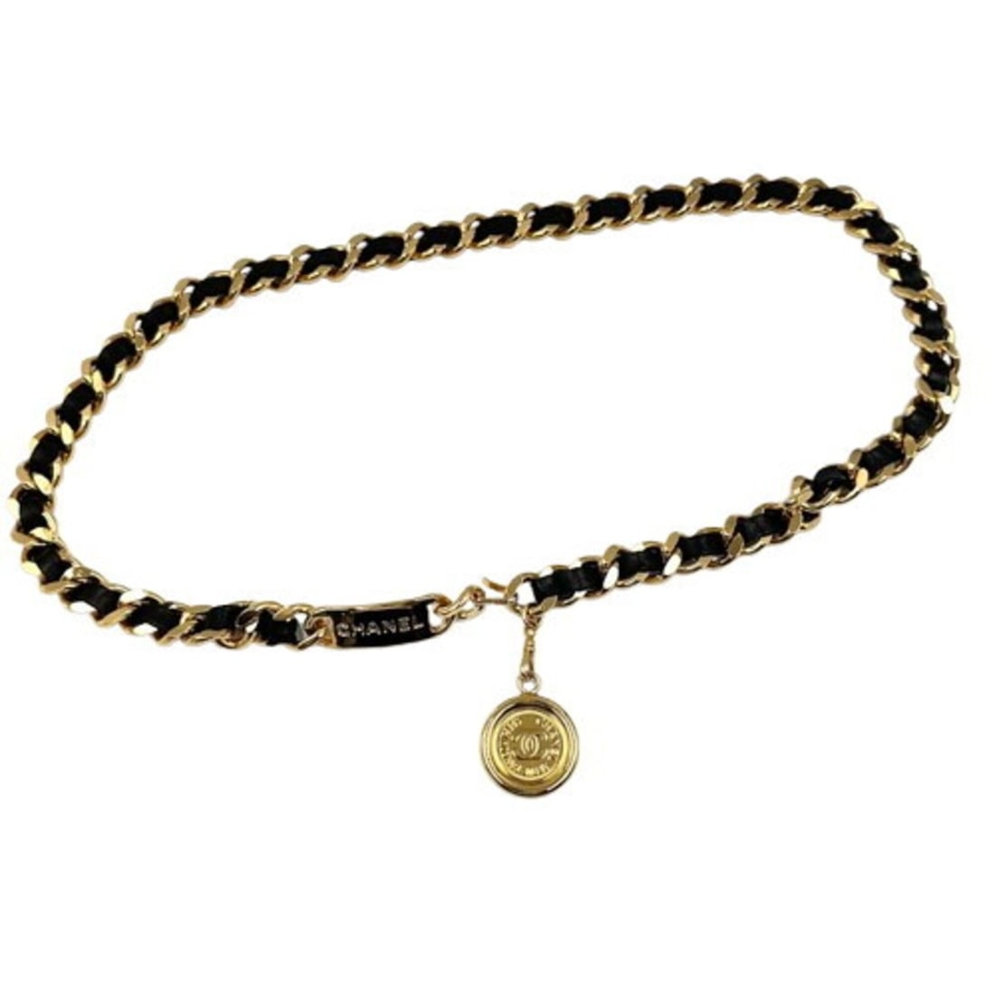 CHANEL Coco Mark Chain Belt: --- Catalog ---Category: SizeLength: 80cm / 31.49''Category: DesignType: Chain beltColor: Black, GoldGender: WomenMaterial (Strap): Metal , Leather Category: GeneralBrand: Chanel--- Item List ---Secti
