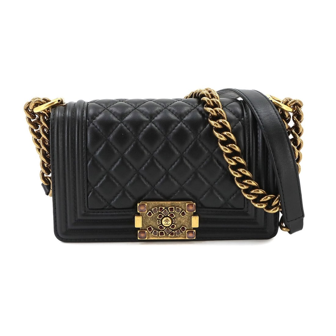 Chanel Boy Small Chain Shoulder Handbag, Lambskin, Black, A67085, Gold Hardware: --- Catalog ---Category: SizeSize (HxWxD): 13cm x 20cm x 5cm / 5.11'' x 7.87'' x 1.96''Category: DesignType: Handbag, Shoulder bagColor: BlackGender: WomenMaterial: Leather Leather/Fur Type: