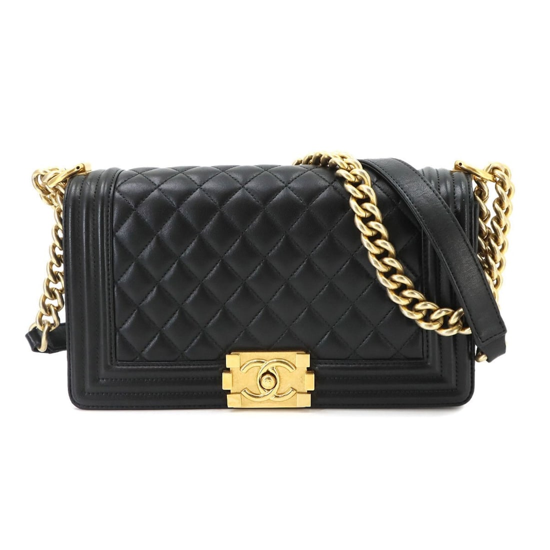 Chanel Boy Chain Shoulder Handbag, Lambskin, Black, A67086, Gold Hardware, BOY CHANEL Bag: --- Catalog ---Category: SizeSize (HxWxD): 15cm x 25cm x 7.5cm / 5.9'' x 9.84'' x 2.95''Category: DesignType: Handbag, Shoulder bagColor: BlackGender: WomenMaterial: Leather Leather/Fur Type: