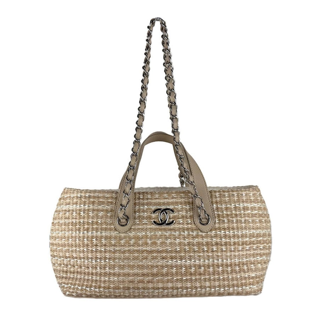Chanel handbag/shoulder bag, raffia leather, light beige/silver, women's, z10884: --- Catalog ---Category: SizeSize (HxWxD): 17cm x 32cm x 10cm / 6.69'' x 12.59'' x 3.93''Category: DesignType: Handbag, Shoulder bagColor: Light beigeGender: WomenMaterial: Raffia , Leather Category: 