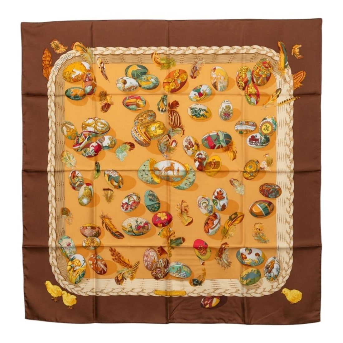 Hermes Carre 90 Couvee d'Hermes Egg Scarf/Muffler, Brown Multicolor Silk, Women's HERMES: --- Catalog ---Category: SizeSize (LxW): 88cm x 88cm / 34.64'' x 34.64''Category: DesignType: ScarfColor: Brown, Multi-colorGender: WomenMaterial: Silk Category: GeneralBrand: Hermes--- Item List ---S