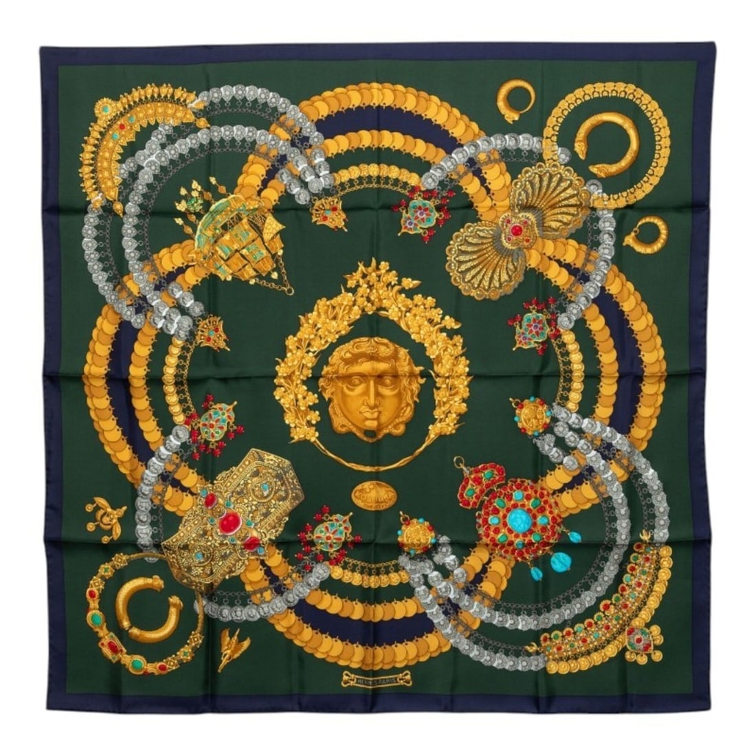 Hermes Carre 90 Kosmima Space Scarf/Muffler, Navy Green Multicolor Silk, Women's: --- Catalog ---Category: SizeSize (LxW): 87cm x 88cm / 34.25'' x 34.64''Category: DesignType: ScarfColor: Green, Multi-color, NavyGender: WomenMaterial: Silk Category: GeneralBrand: Hermes--- Item Lis